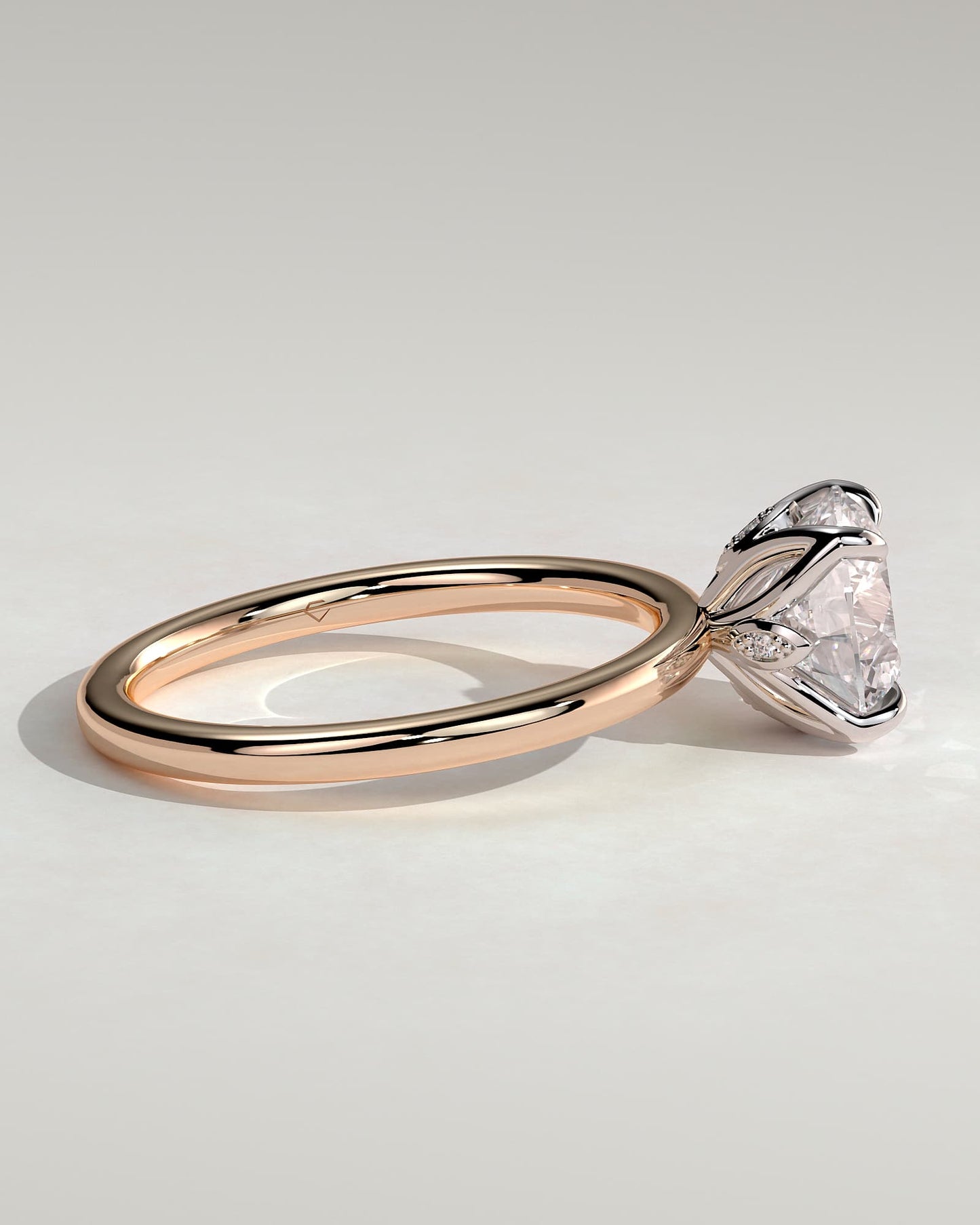 Joy - Round Claw Solitaire with Petal Gallery and Accent Leaf Detail Engagement Ring - Rose Two-Tone