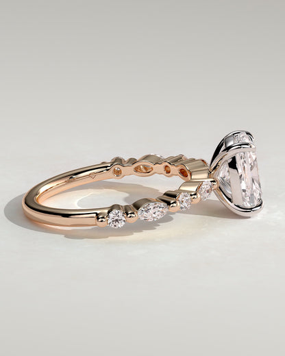 Delphine - Elongated Cushion Claw Solitaire with Marquise and Round Accent Stones Engagement Ring - Rose Two-Tone