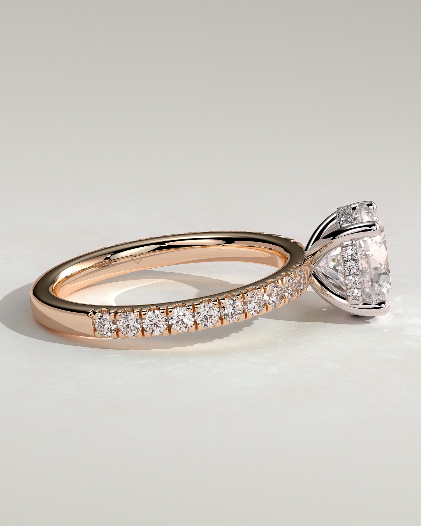 Charlie - Round Claw Solitaire with Hidden Halo and Pave Band Engagement Ring - Rose Two-Tone - Rose Two-Tone 2ct
