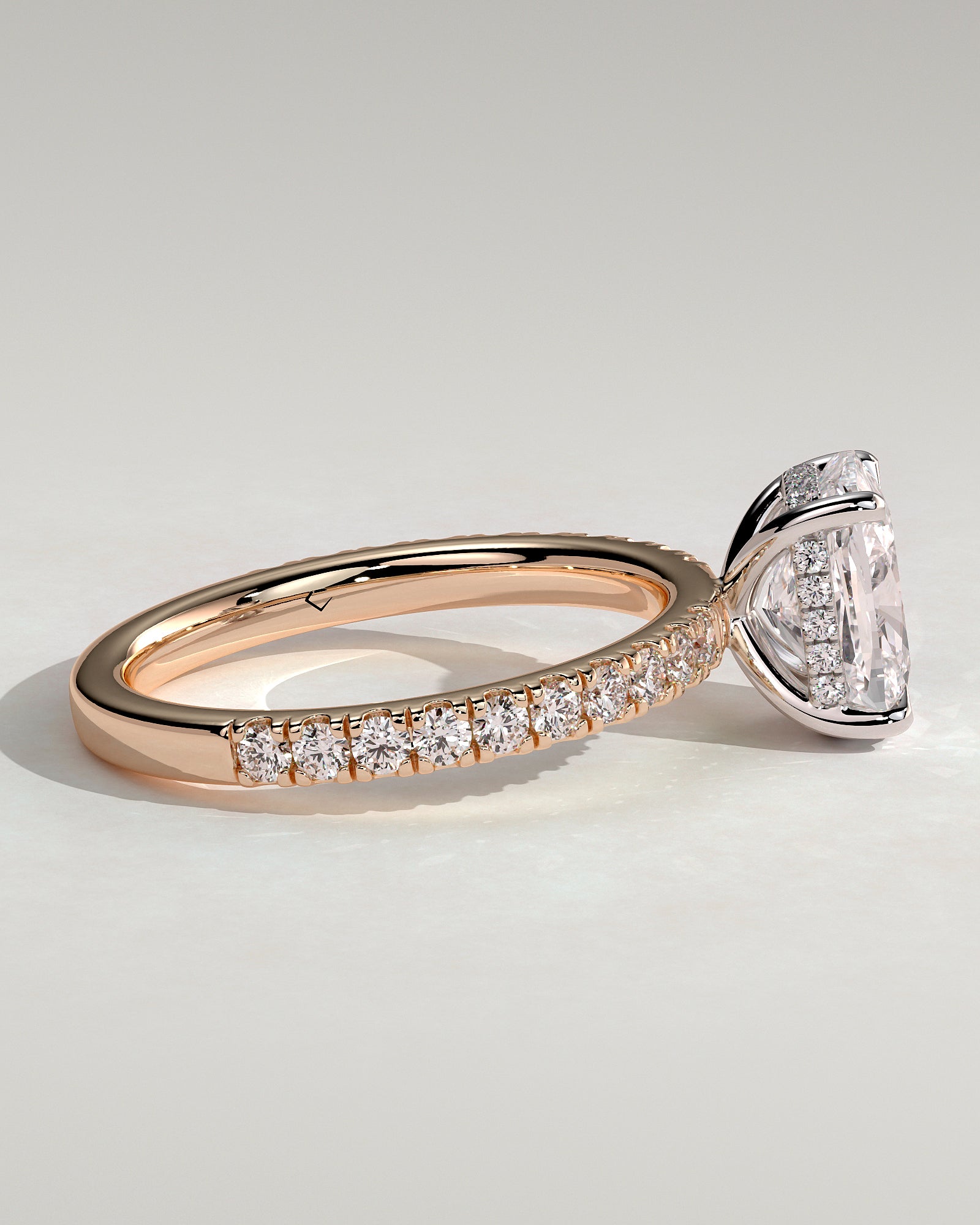 Camilla - Elongated Cushion Claw Solitaire with Hidden Halo and Pave Band Engagement Ring - Rose Two-Tone - Rose Two-Tone 2ct