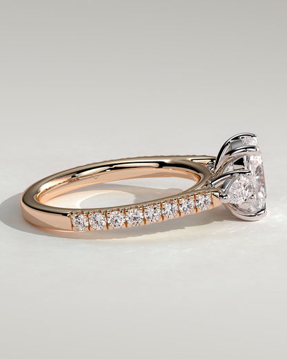 Bree - Elongated Cushion Claw Trilogy with Pear Side Stones and Pave Band Engagement Ring - Rose Two-Tone