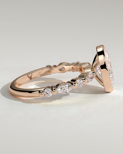 Aylin - Oval Bezel Solitaire with Marquise-Round Accent Stones Engagement Ring - Rose Gold