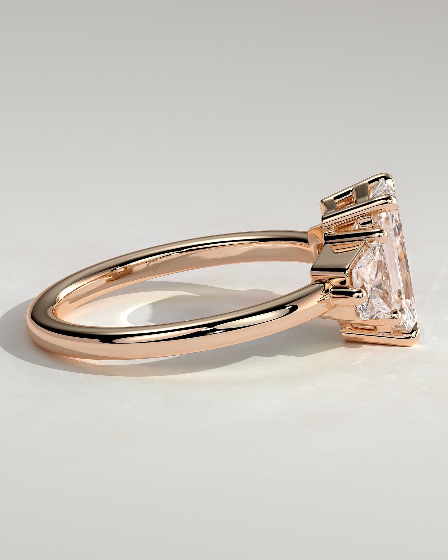 Juliette - Radiant Claw Trilogy with Trapezoid Side Stones and Low Setting Engagement Ring - Rose Gold