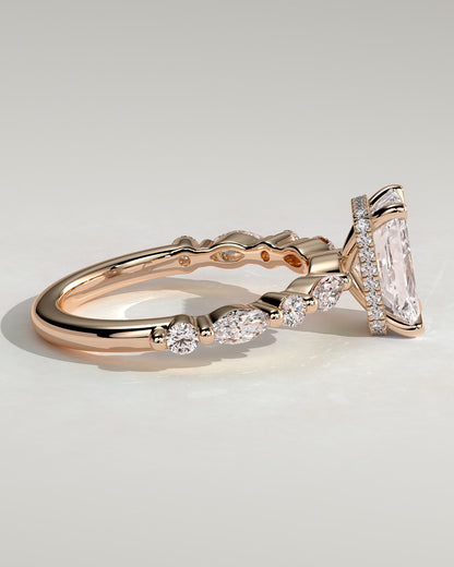 Kyla - Radiant Claw Solitaire with Marquise-Round Accent Stones and Wrap Around Hidden Halo Engagement Ring - Rose Gold