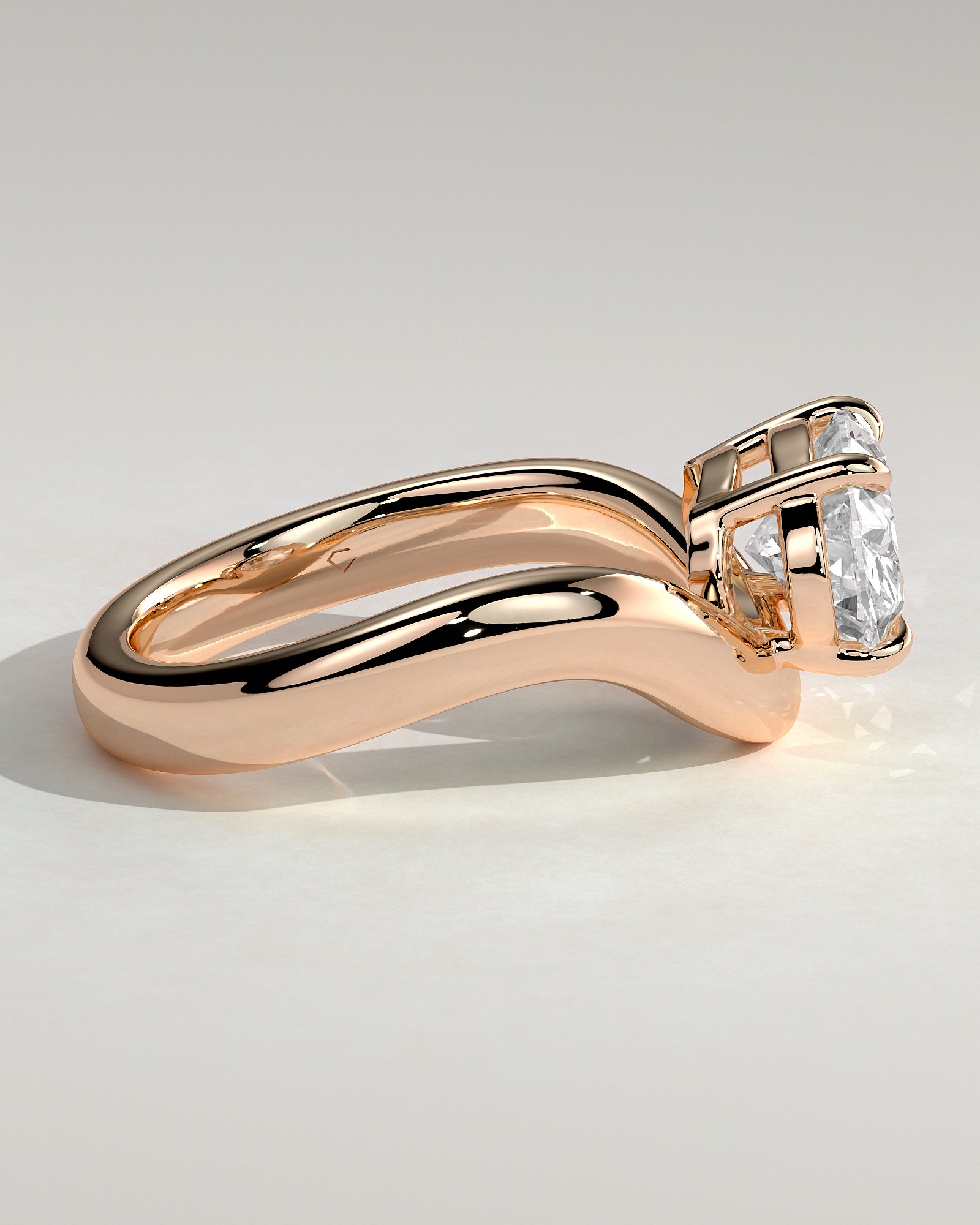 Hayley - Oval East West Claw Solitaire with Wave Band Engagement Ring - Rose Gold - Rose Gold 2ct