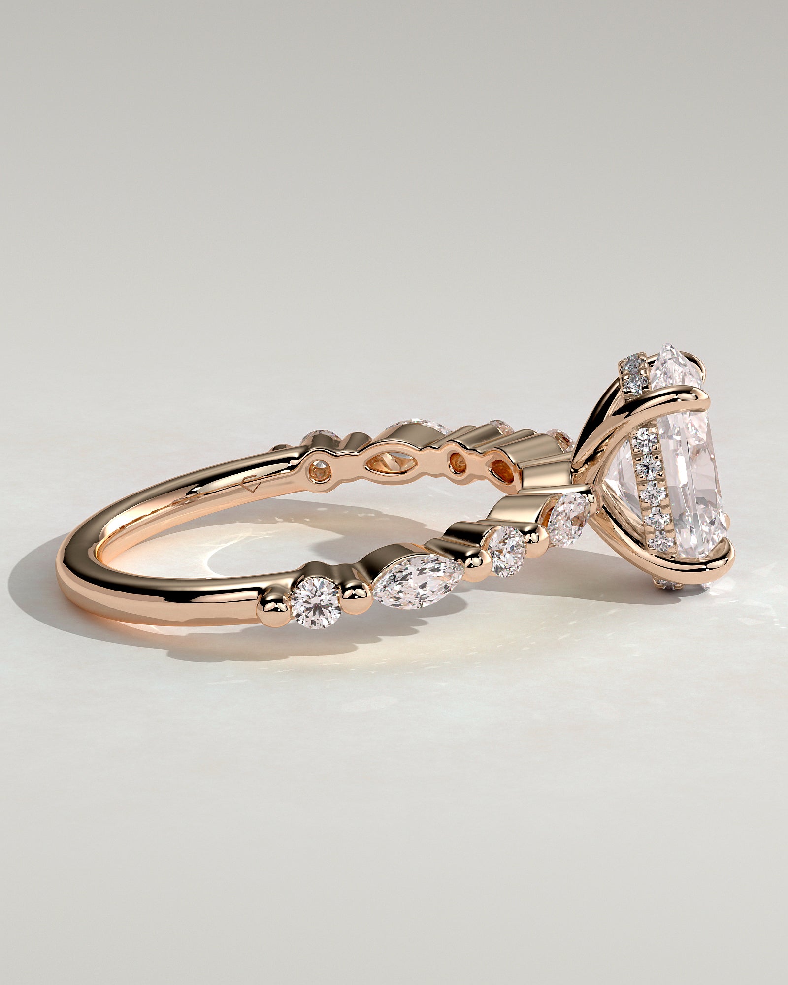 Brandi - Oval Claw Solitaire with Marquise-Round Accent Stones and Hidden Halo Engagement Ring - Rose Gold - Rose Gold 2ct