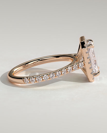 Clementine - Radiant Claw Solitaire with Halo and Pave Band and Cathedral High Setting Engagement Ring - Rose Gold