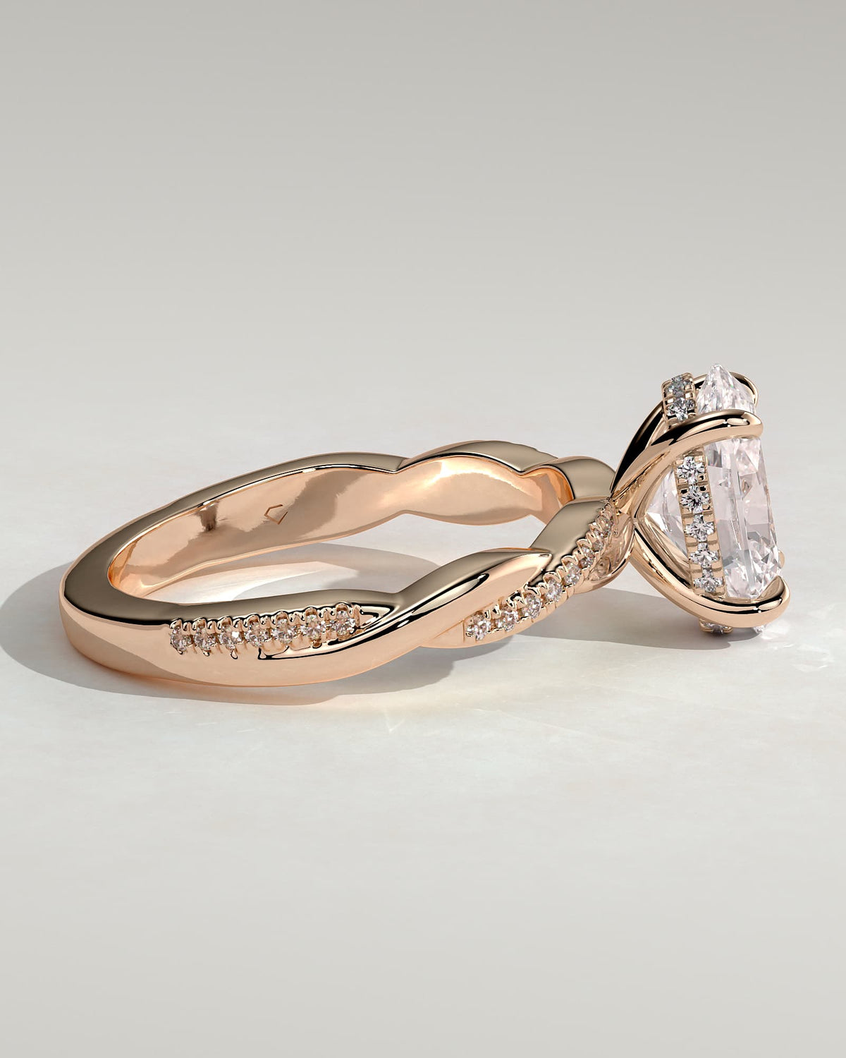 Lara - Oval Claw Solitaire with Hidden Halo and Twisted Alternating Pave Band Engagement Ring - Rose Gold