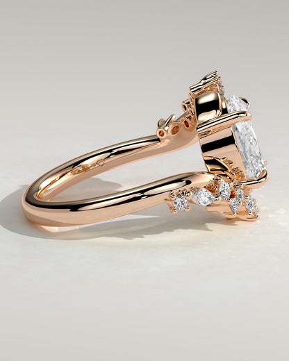 Ezmerelda - Oval Claw Solitaire with Bypass Band and Clustered Round-Marquise Accent Stones Engagement Ring - Rose Gold