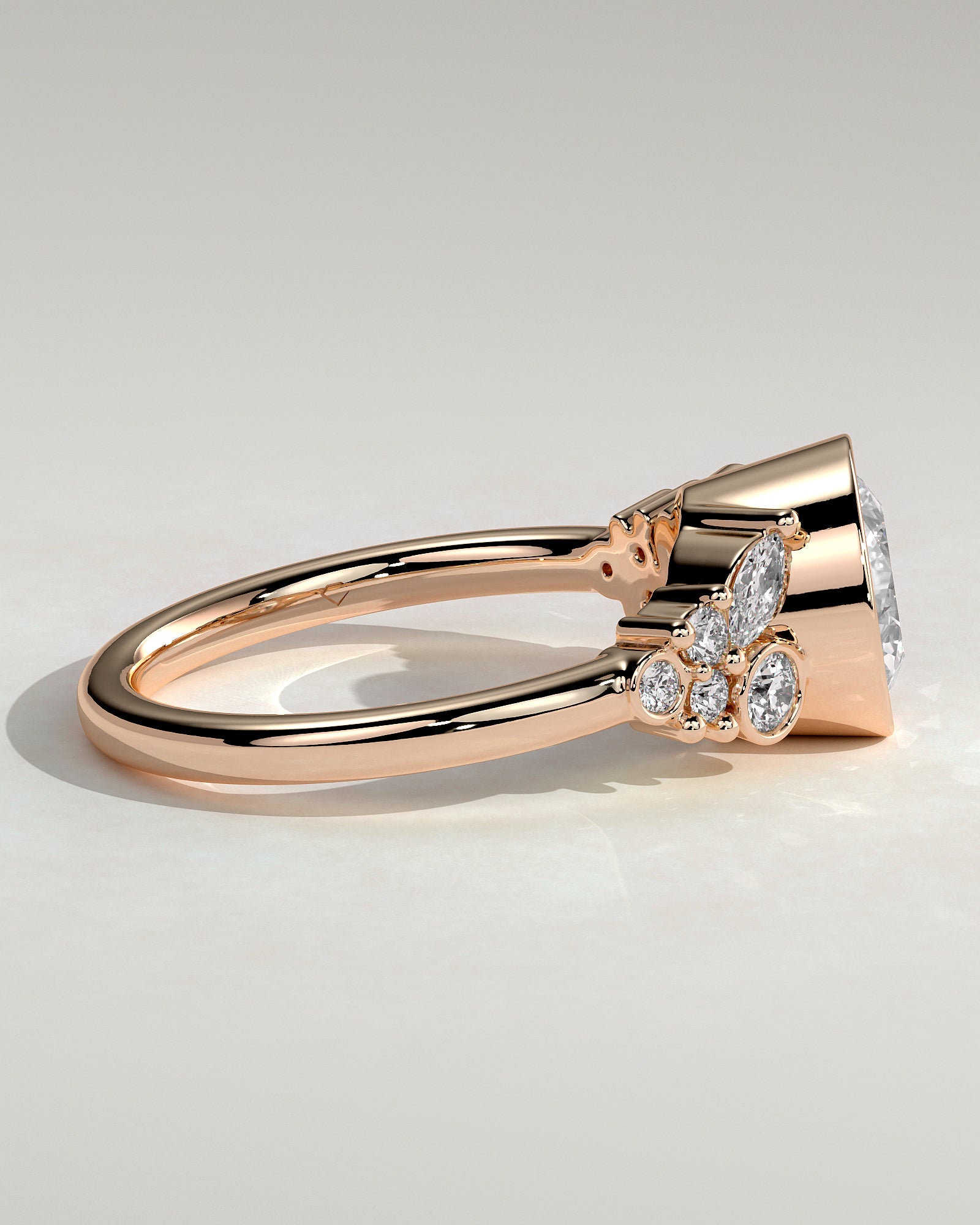 Alessia - Round Bezel Solitaire with Clustered Round-Marquise Mixed Set Shoulder Stones Engagement Ring - Rose Gold - Rose Gold 2ct