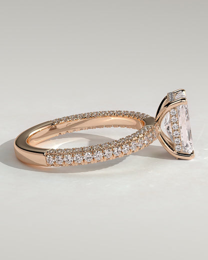 Irene - Radiant Claw Solitaire with Hidden Halo and Triple Pave Band Engagement Ring - Rose Gold