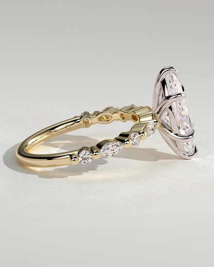 Beatrice - Marquise Claw Solitaire with Marquise and Round Accent Stones Engagement Ring - Yellow Two-Tone