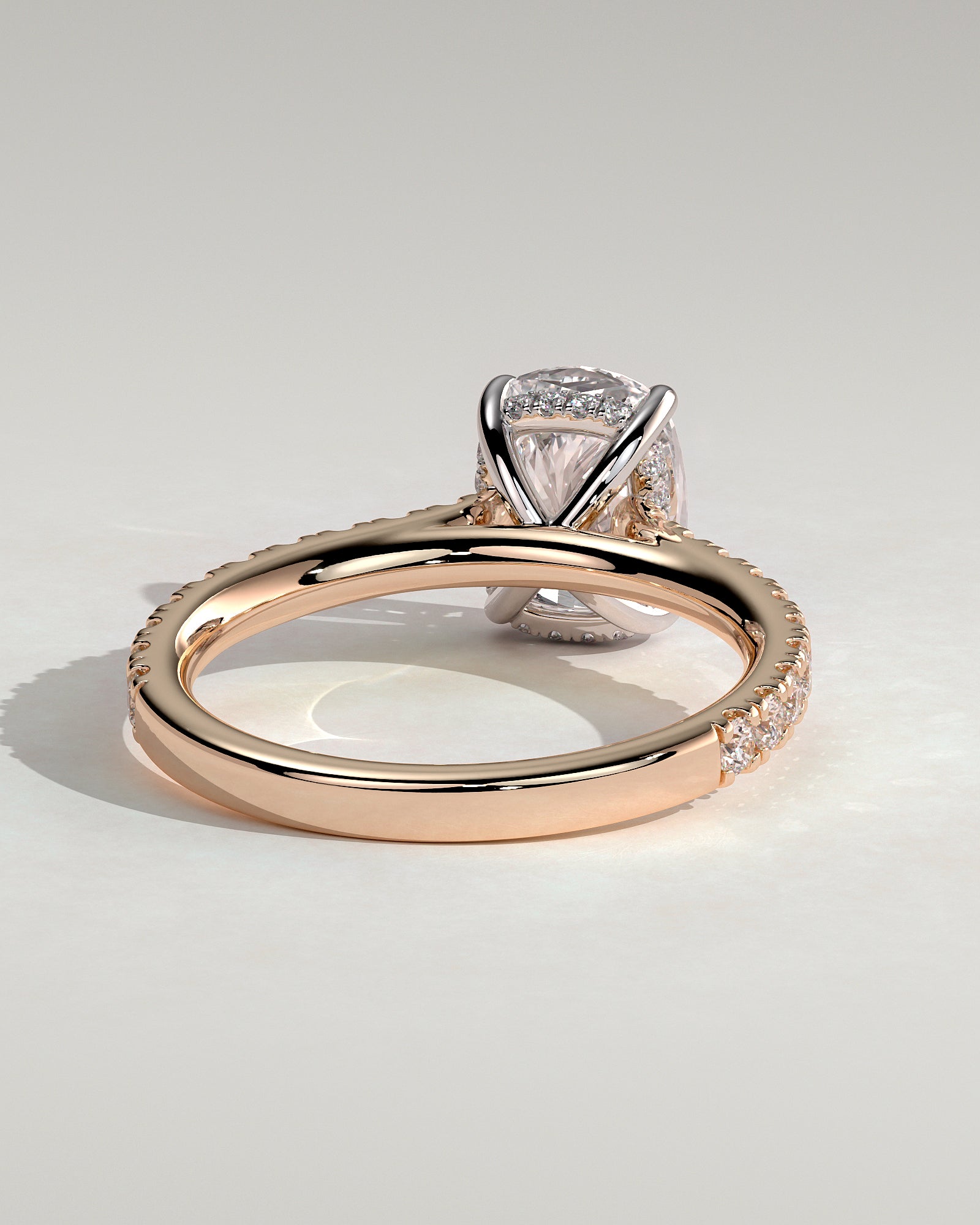 Annika - Elongated Cushion Claw Solitaire with Hidden Halo, Pave Band and Cathedral High Setting Engagement Ring - Rose Two-Tone - Rose Two-Tone 2ct