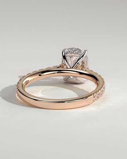 Annika - Elongated Cushion Claw Solitaire with Hidden Halo, Pave Band and Cathedral High Setting Engagement Ring - Rose Two-Tone - rose two-tone - Lara Jewels