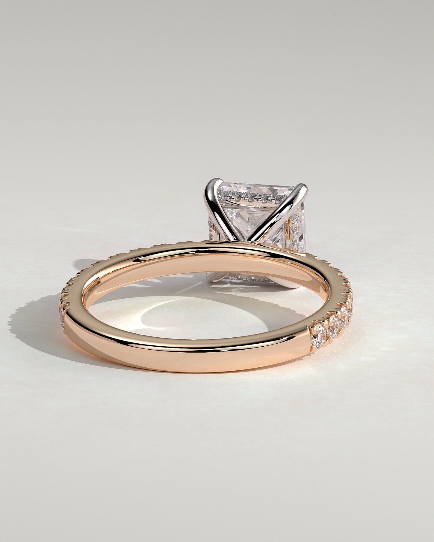 Annie - Princess Claw Solitaire with Hidden Halo and Pave Band Engagement Ring - Rose Two-Tone - Rose Two-Tone 2ct
