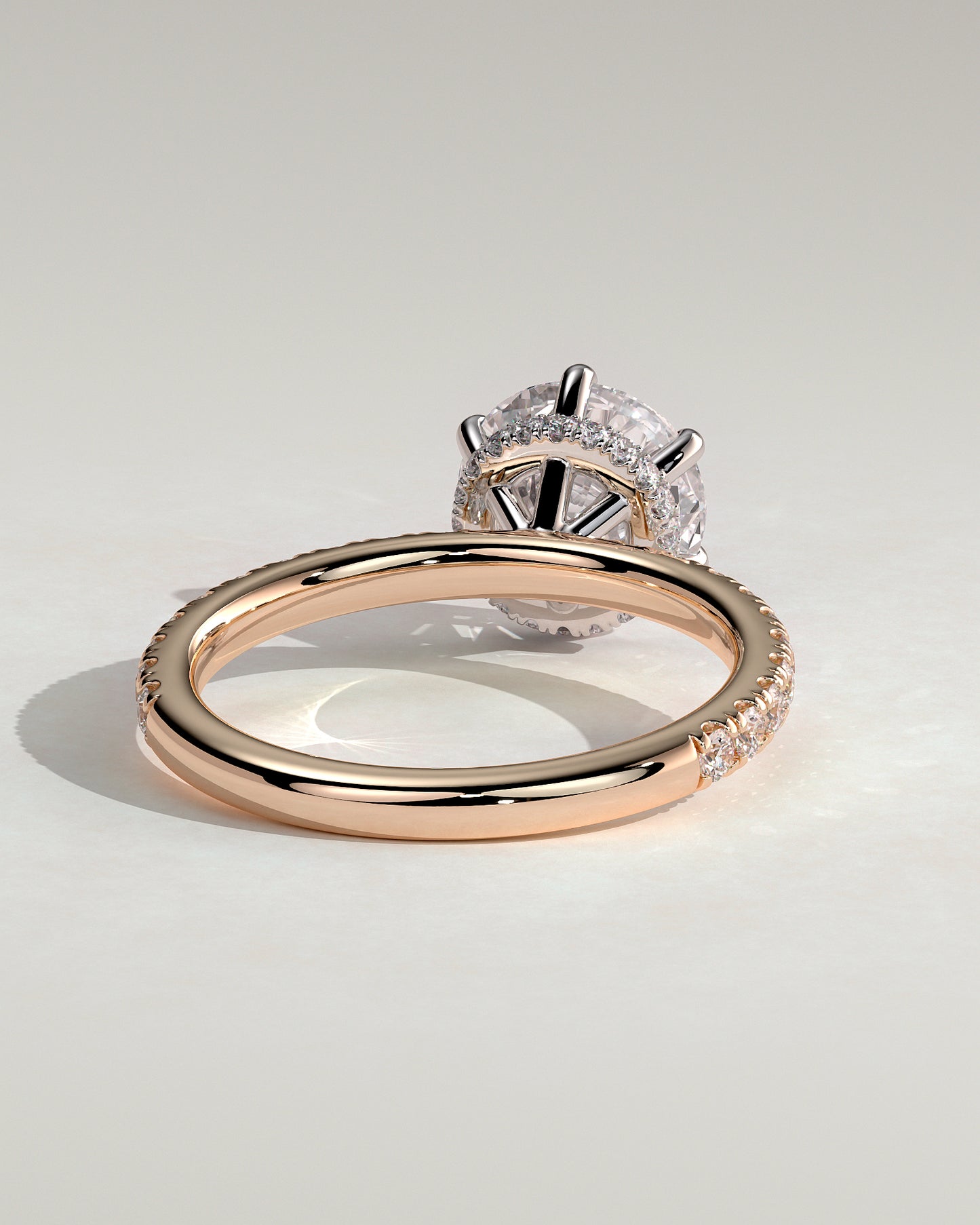 Amanda - Round Claw Solitaire with Wrap Around Hidden Halo and Pave Band Engagement Ring - Rose Two-Tone - Rose Two-Tone 2ct