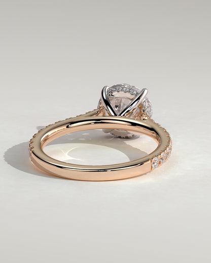 Ashlea - Round Claw Solitaire with Hidden Halo, Pave Band and Cathedral High Setting Engagement Ring - Rose Two-Tone