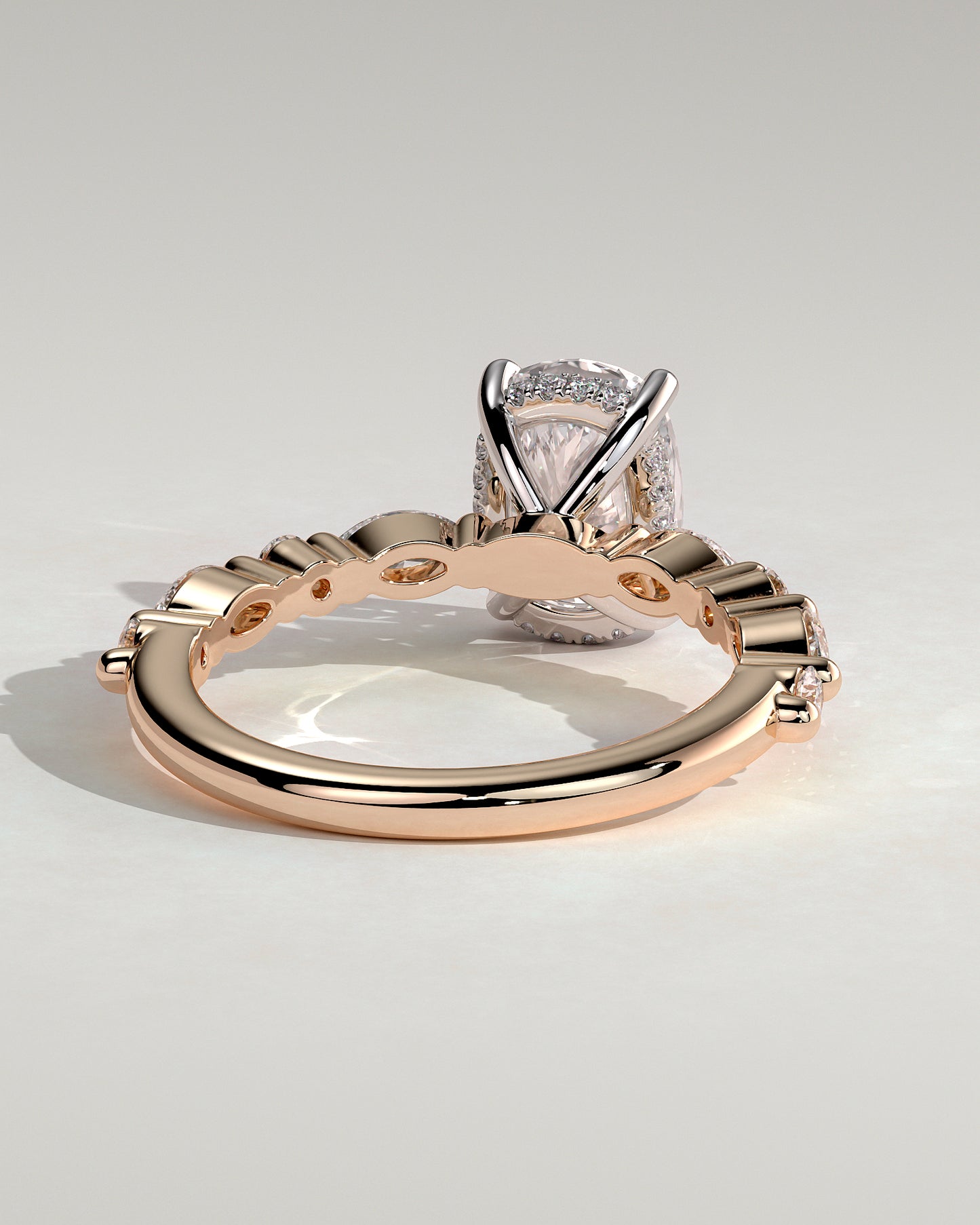 Cali - Elongated Cushion Claw Solitaire with Marquise-Round Accent Stones and Hidden Halo Engagement Ring - Rose Two-Tone - Rose Two-Tone 2ct