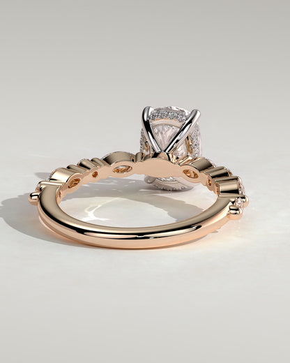 Cali - Elongated Cushion Claw Solitaire with Marquise-Round Accent Stones and Hidden Halo Engagement Ring - Rose Two-Tone