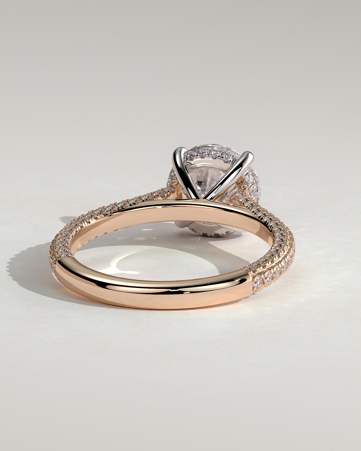 Chelsea - Round Claw Solitaire with Hidden Halo, Triple Pave Band and Cathedral High Setting Engagement Ring - Rose Two-Tone - Rose Two-Tone 2ct