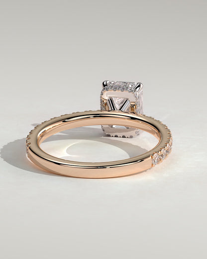 Eliana - Emerald Claw Solitaire with Wrap Around Hidden Halo and Pave Band Engagement Ring - Rose Two-Tone