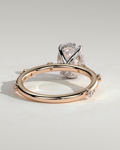 Elise - Oval Claw Solitaire with 6 Spaced Round Accent Stones and Hidden Halo Engagement Ring - Rose Two-Tone