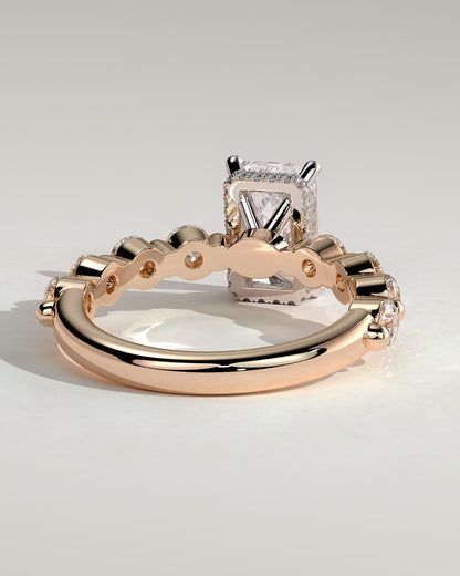 Josephine - Radiant Claw Solitaire with Round Accent Stones and Wrap Around Hidden Halo Engagement Ring - Rose Two-Tone