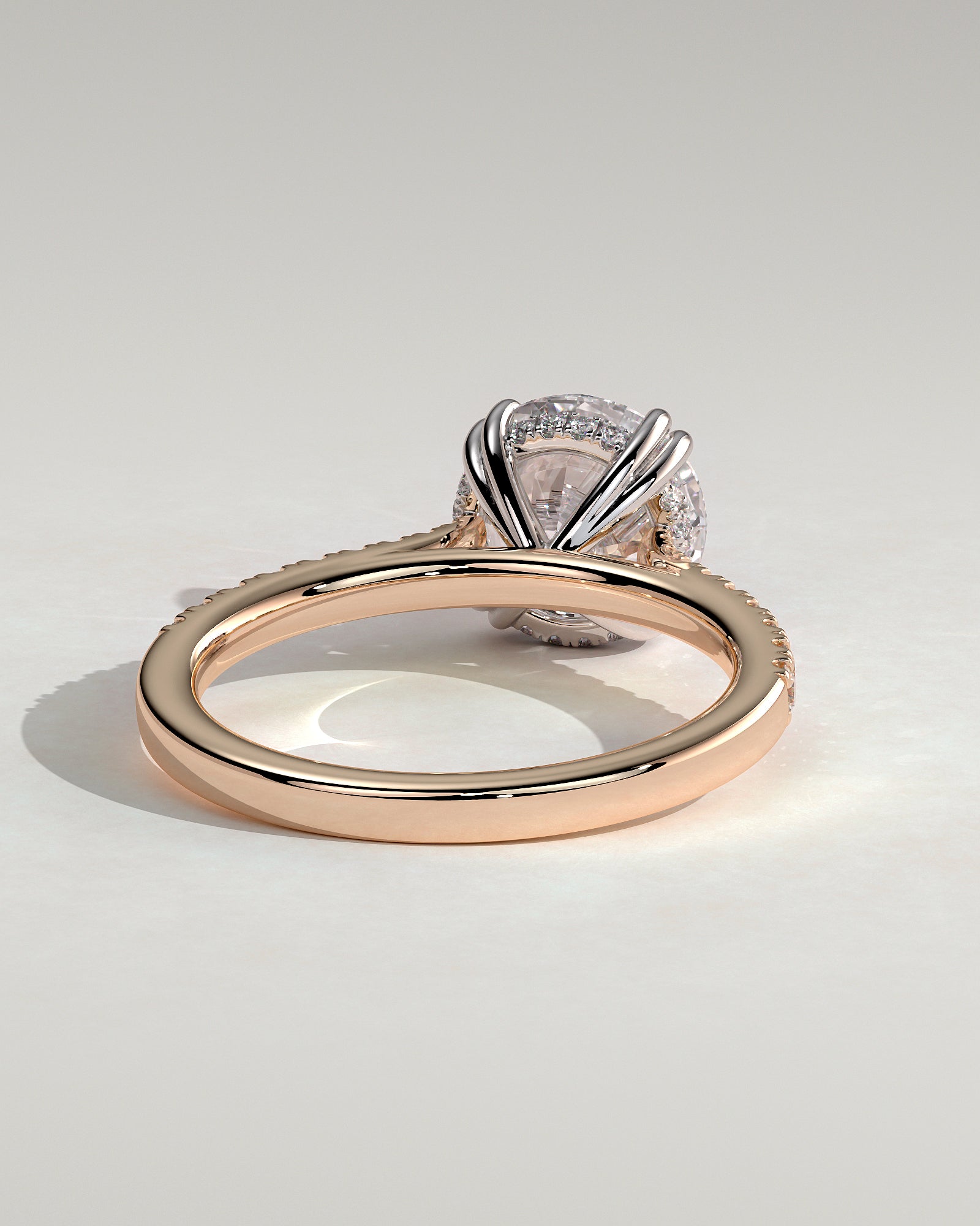 Amelia - Round Double Claw Solitaire with Hidden Halo, Tapered Pave Band and Cathedral High Setting Engagement Ring - Rose Two-Tone - Rose Two-Tone 2ct
