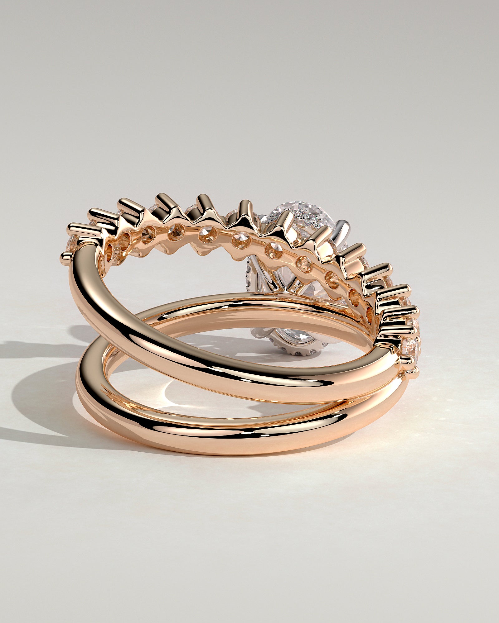 Athena - Oval Claw Solitaire with Double Plain-and-Round-Accent Stones Band Engagement Ring - Rose Two-Tone - Rose Two-Tone 2ct