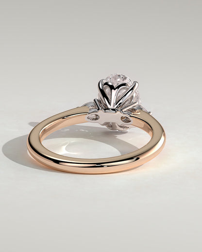Elena - Oval Claw Trilogy with Pear Side Stones and Tulip Detail Engagement Ring - Rose Two-Tone