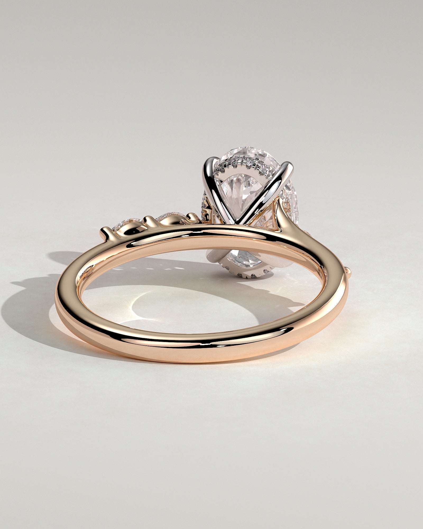Jamie - Oval Claw Solitaire with Hidden Halo, Opposing Marquise Accents and Cathedral High Setting Engagement Ring - Rose Two-Tone - Rose Two-Tone 2ct