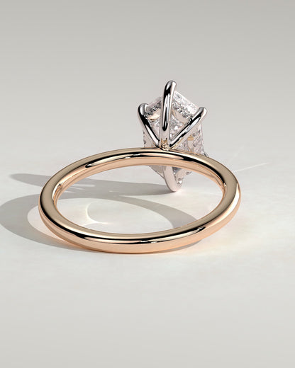 Delta - Elongated Hexagon Claw Solitaire with Hidden Halo Engagement Ring - Rose Two-Tone