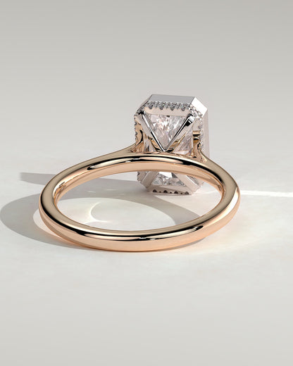 Bennie - Radiant Bezel Solitaire with Hidden Halo and Cathedral High Setting Engagement Ring - Rose Two-Tone