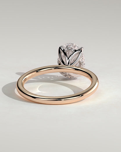 Ivy - Oval Claw Solitaire with Petal Gallery and Accented Tiara Detail Engagement Ring - Rose Two-Tone