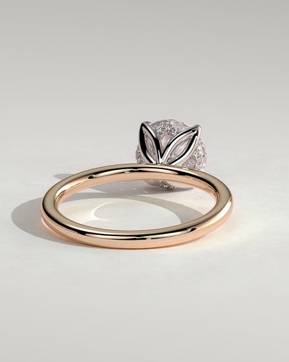Dahlia - Round Claw Solitaire with Petal Gallery and Accented Tiara Detail Engagement Ring - Rose Two-Tone
