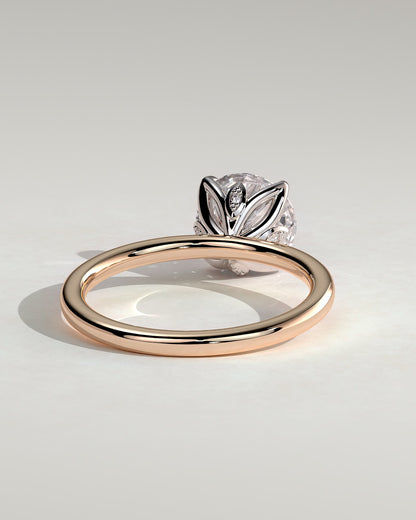 Joy - Round Claw Solitaire with Petal Gallery and Accent Leaf Detail Engagement Ring - Rose Two-Tone