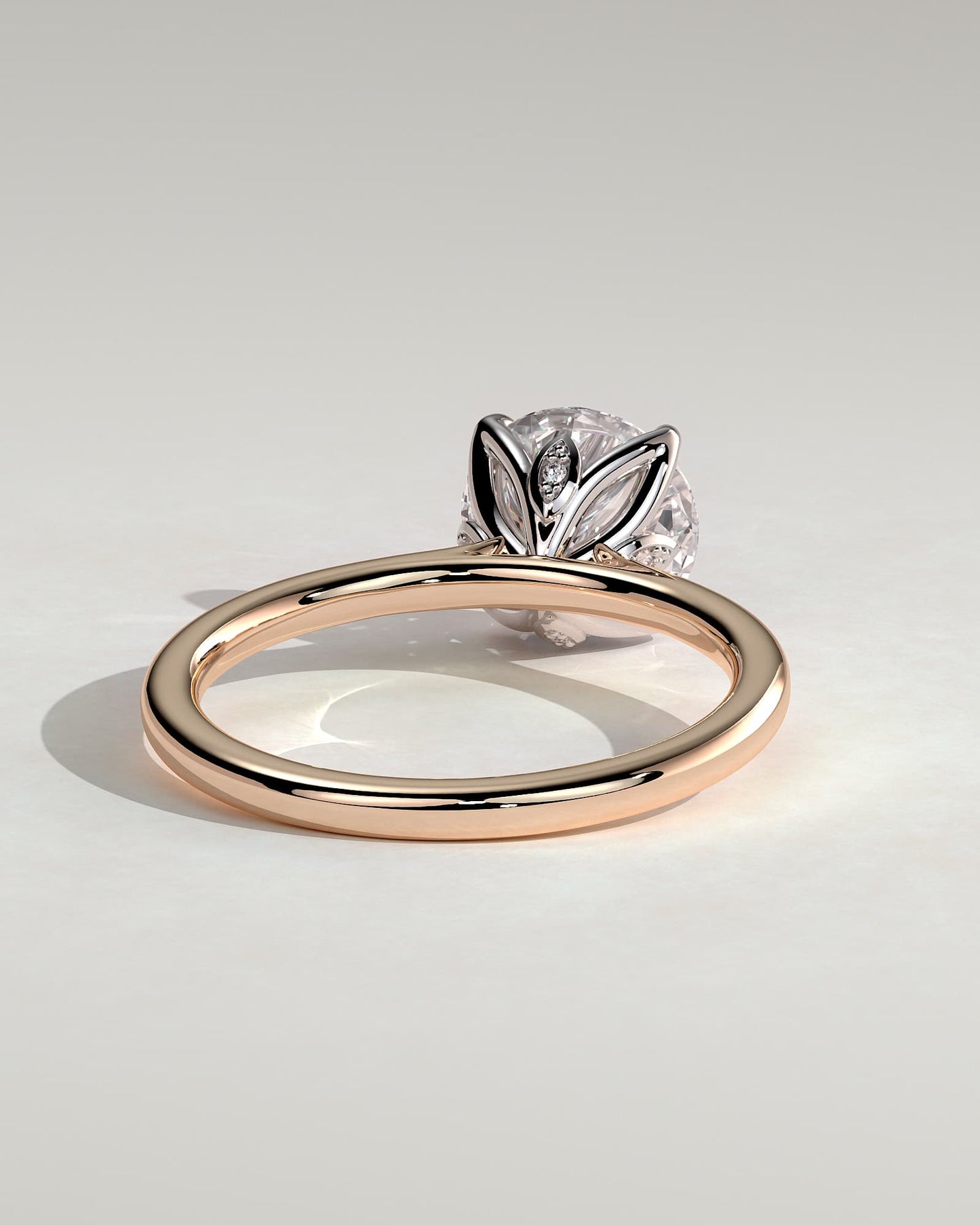 Brianna - Round Claw Solitaire with Petal Gallery, Accent Leaf Detail and Cathedral Setting Engagement Ring - Rose Two-Tone