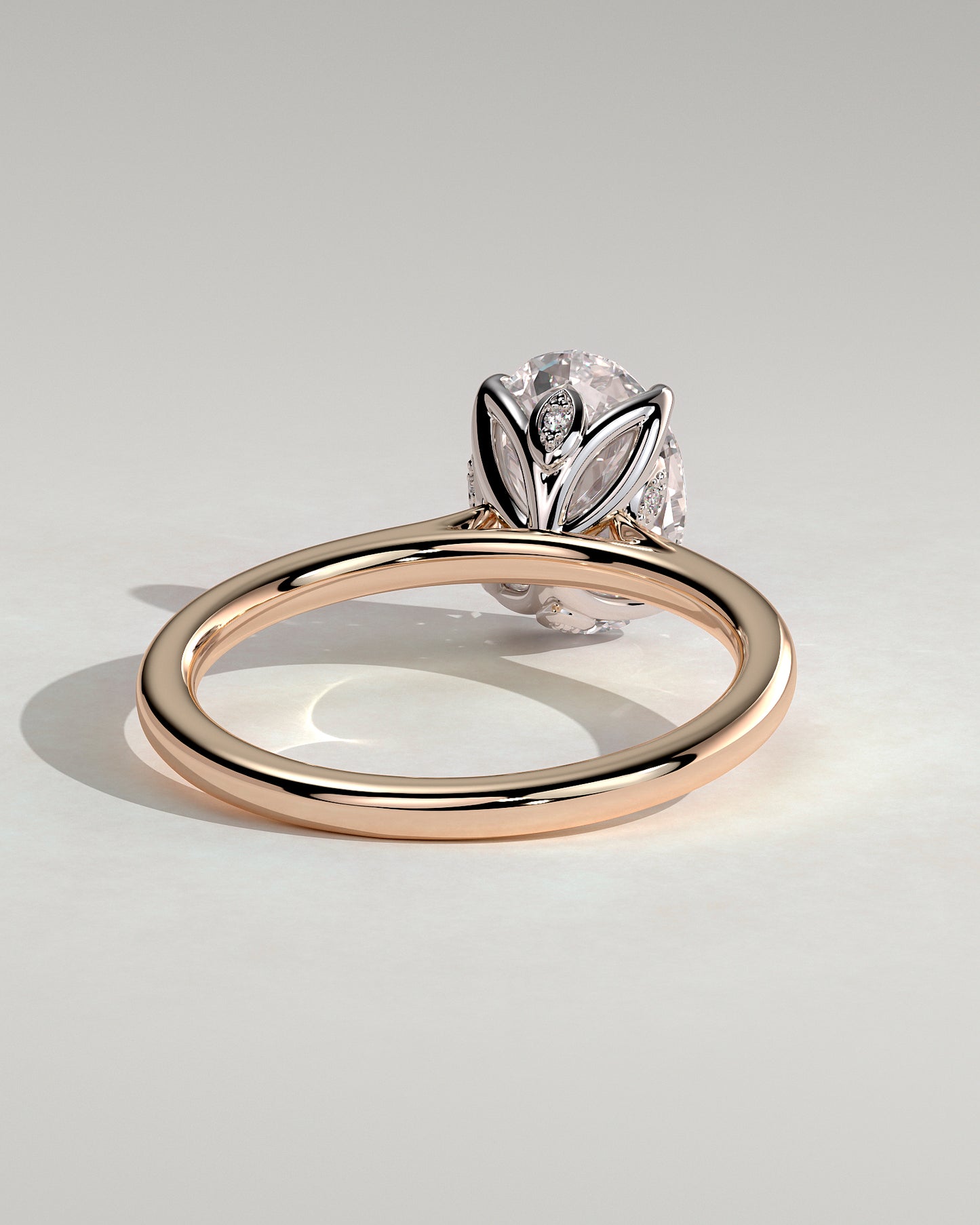 Erica - Oval Claw Solitaire with Petal Gallery, Accent Leaf Detail and Cathedral Setting Engagement Ring - Rose Two-Tone - Rose Two-Tone 2ct