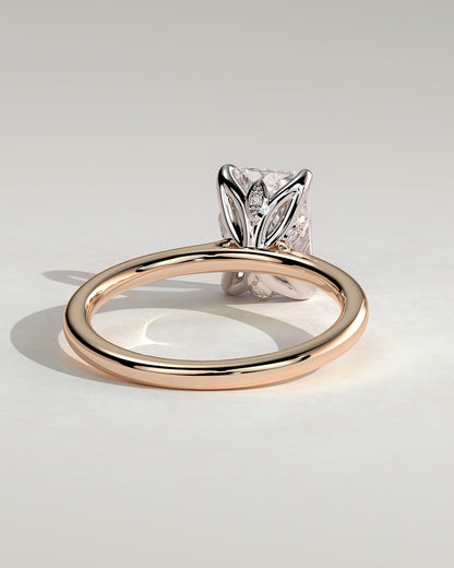 Harriet - Radiant Claw Solitaire with Petal Gallery, Accent Leaf Detail and Cathedral Setting Engagement Ring - Rose Two-Tone