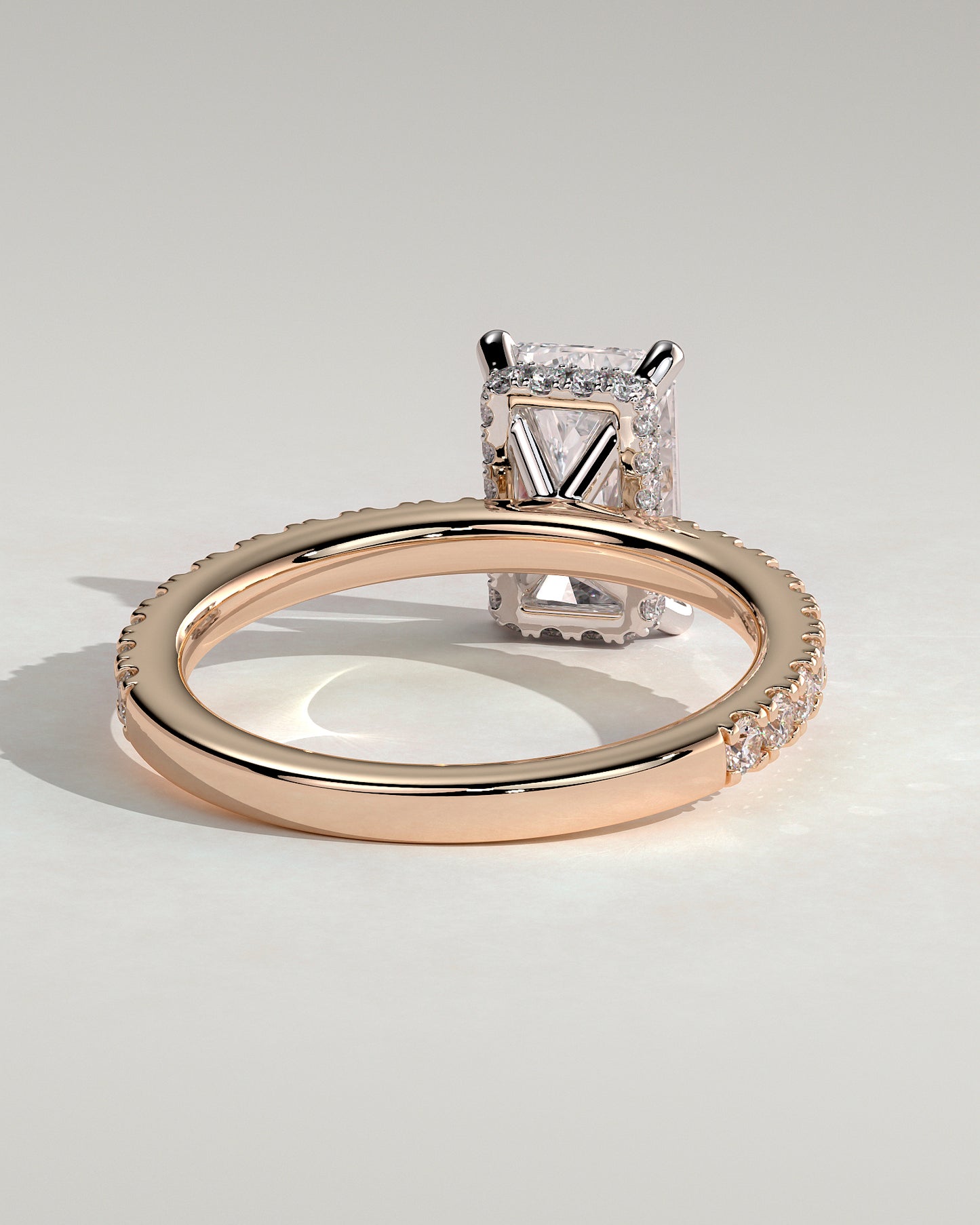 Ellie - Radiant Claw Solitaire with Wrap Around Hidden Halo and Pave Band Engagement Ring - Rose Two-Tone - Rose Two-Tone 2ct