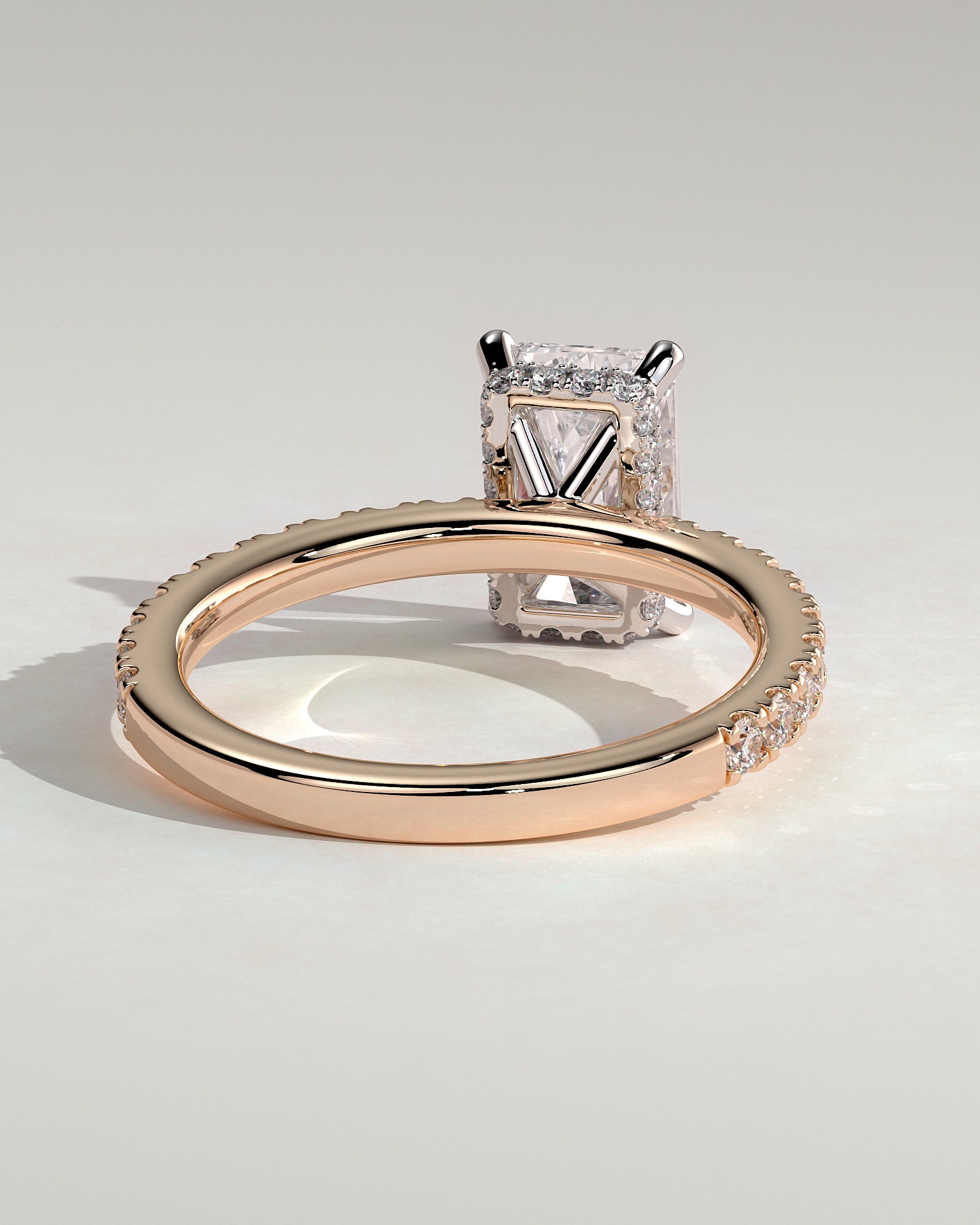Ellie - Radiant Claw Solitaire with Wrap Around Hidden Halo and Pave Band Engagement Ring - Rose Two-Tone - Rose Two-Tone 2ct