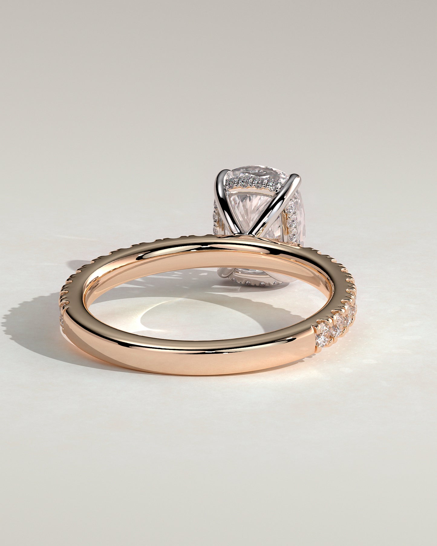 Camilla - Elongated Cushion Claw Solitaire with Hidden Halo and Pave Band Engagement Ring - Rose Two-Tone - Rose Two-Tone 2ct