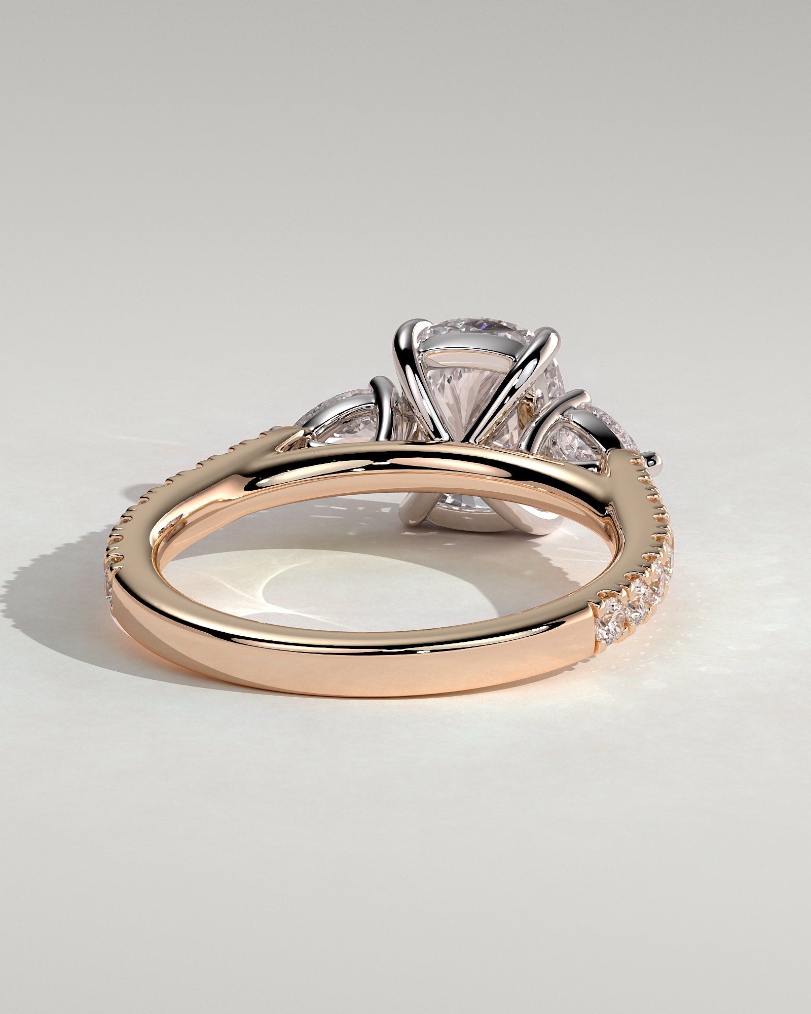 Bree - Elongated Cushion Claw Trilogy with Pear Side Stones and Pave Band Engagement Ring - Rose Two-Tone - Rose Two-Tone 2ct