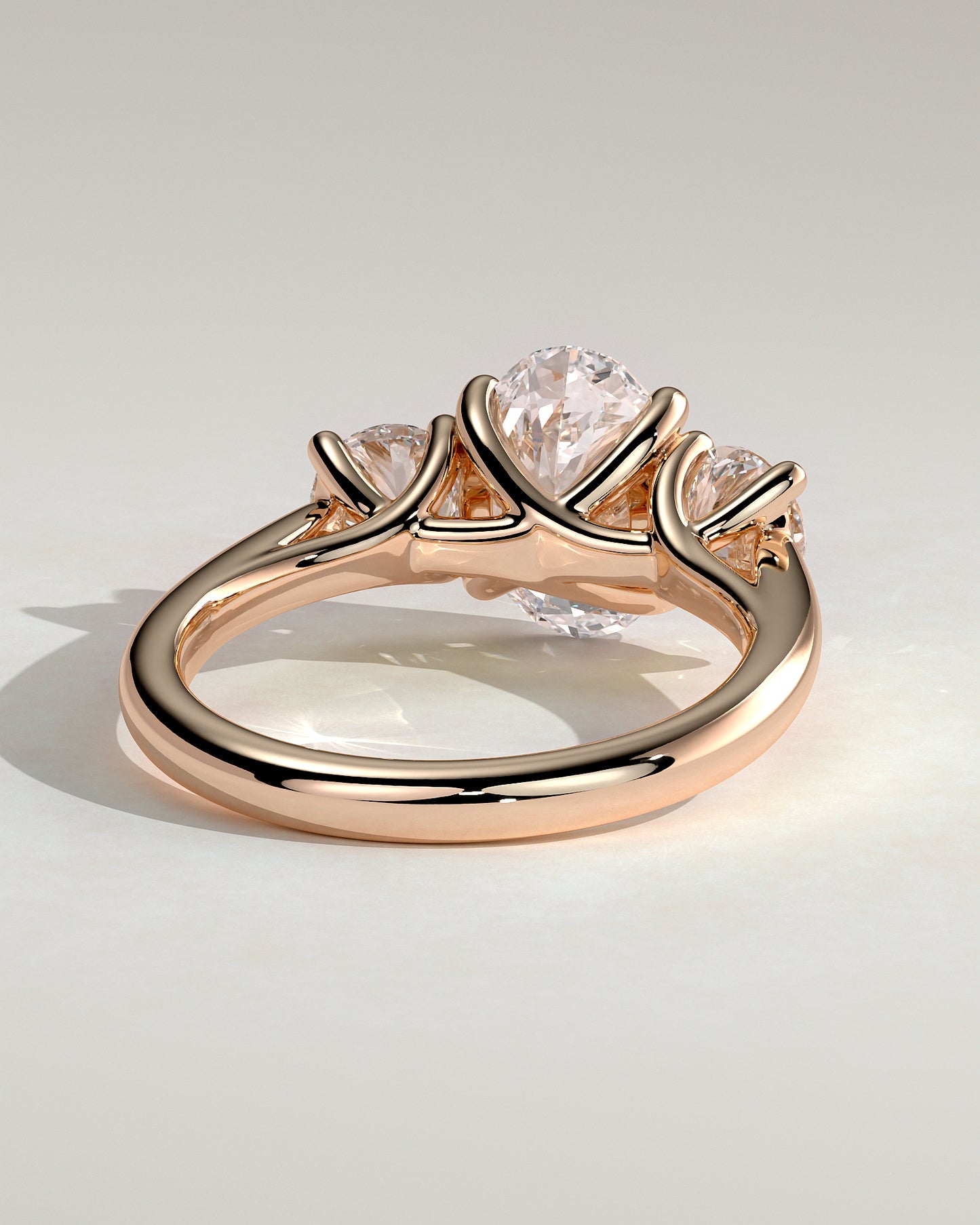 Grace - Oval Claw Trilogy with Round Side Stones, Open Trellis Gallery and Tapered Band Engagement Ring - Rose Gold - Rose Gold 2ct
