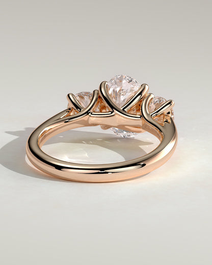 Grace - Oval Claw Trilogy with Round Side Stones, Open Trellis Gallery and Tapered Band Engagement Ring - Rose Gold