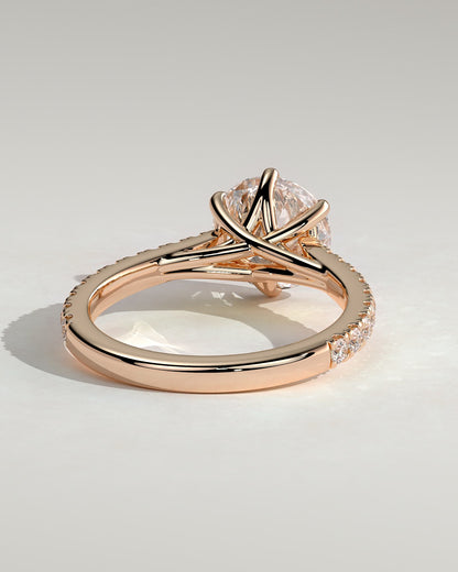Briar - Round Claw Solitaire with Trellis Gallery, Pave Band and Cathedral Low Setting Engagement Ring - Rose Gold