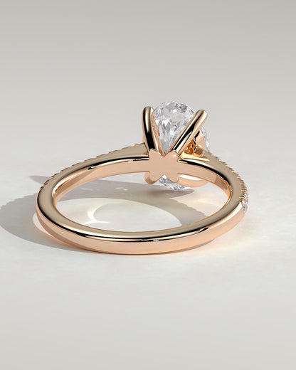 Eloise - Oval Claw Solitaire with Pave Band and Solid Cathedral Low Setting Engagement Ring - Rose Gold
