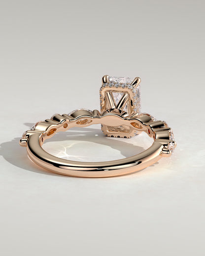 Kyla - Radiant Claw Solitaire with Marquise-Round Accent Stones and Wrap Around Hidden Halo Engagement Ring - Rose Gold