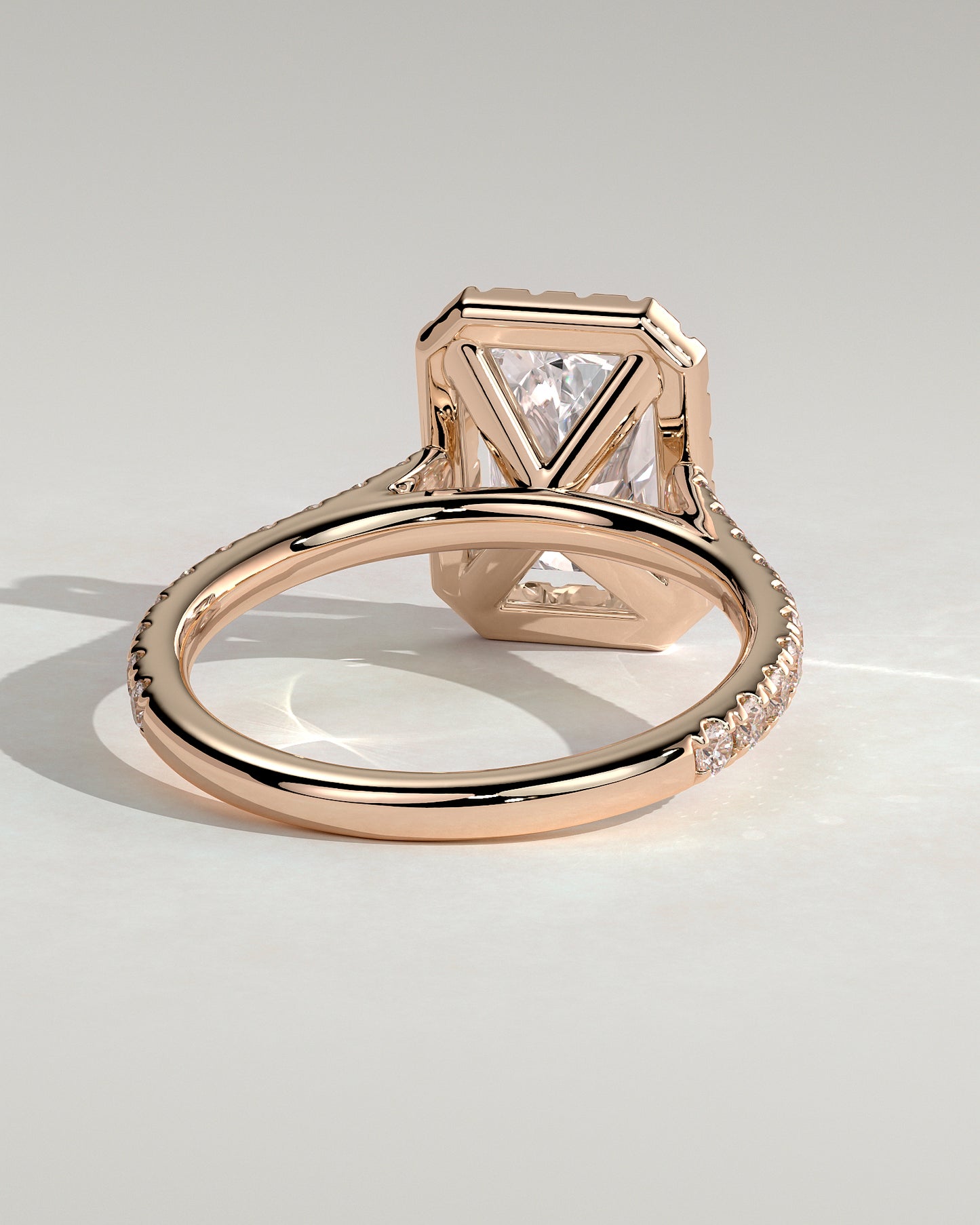 Clementine - Radiant Claw Solitaire with Halo and Pave Band and Cathedral High Setting Engagement Ring - Rose Gold - Rose Gold 2ct