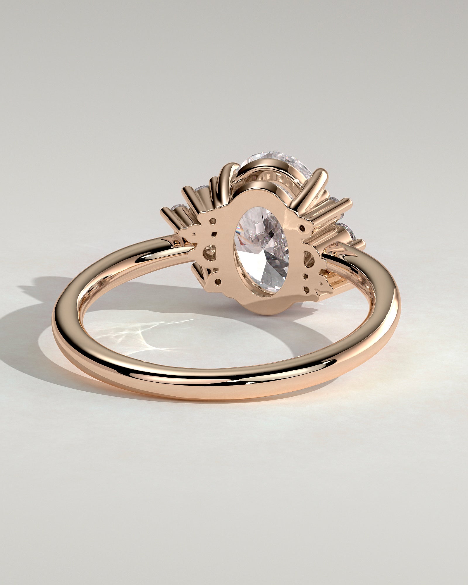Esther - Oval Claw Solitaire with Clustered Round Opposing Shoulder Stones Engagement Ring - Rose Gold - Rose Gold 2ct